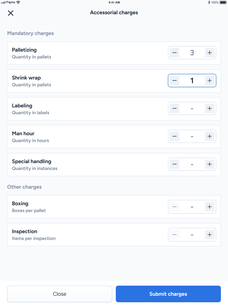 ShipHero Mobile Accessorial charges screen showing Mandatory charges and Other charges, quantity controls, and the Submit charges button.
